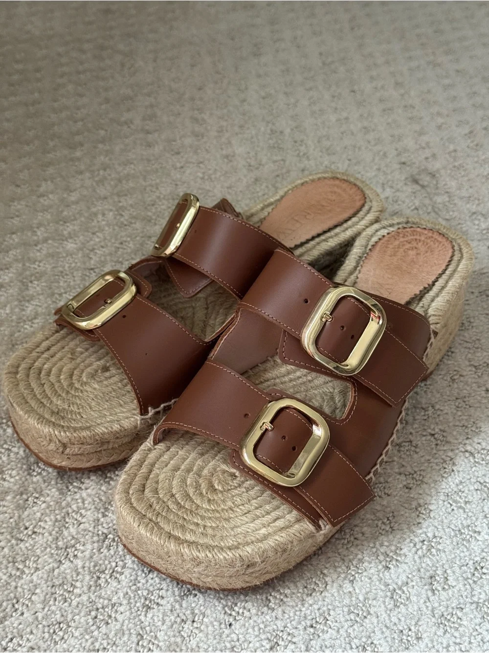 Jcrew Brown Leather Espadrille Platform Slide with Gold Buckles